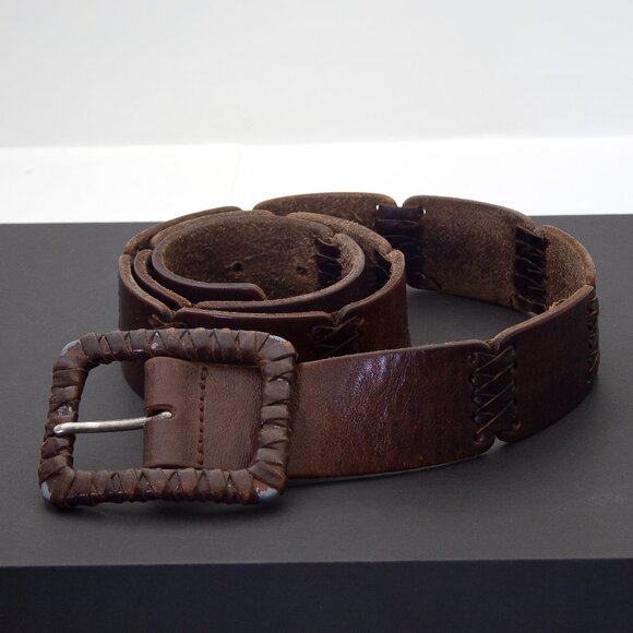 Vintage Handcrafted Leather Belt with Woven Buckle, Rustic Brown Real Leather - Picture 6 of 10